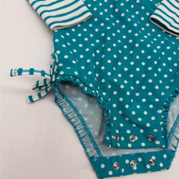 RuffleButts Aqua Polka Dot One Piece Rash Guard- 💥Size 2T💥 - Picture 4 of 10